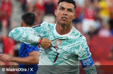 Cristiano Ronaldo celebrates scoring a penalty against Croatia during Last 32 of the 2026 FIFA World Cup